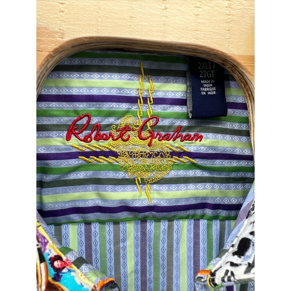 Robert Graham Men's 2XLT Green Purple Stripe Long Sleeve Button Down Shirt - Picture 4 of 13